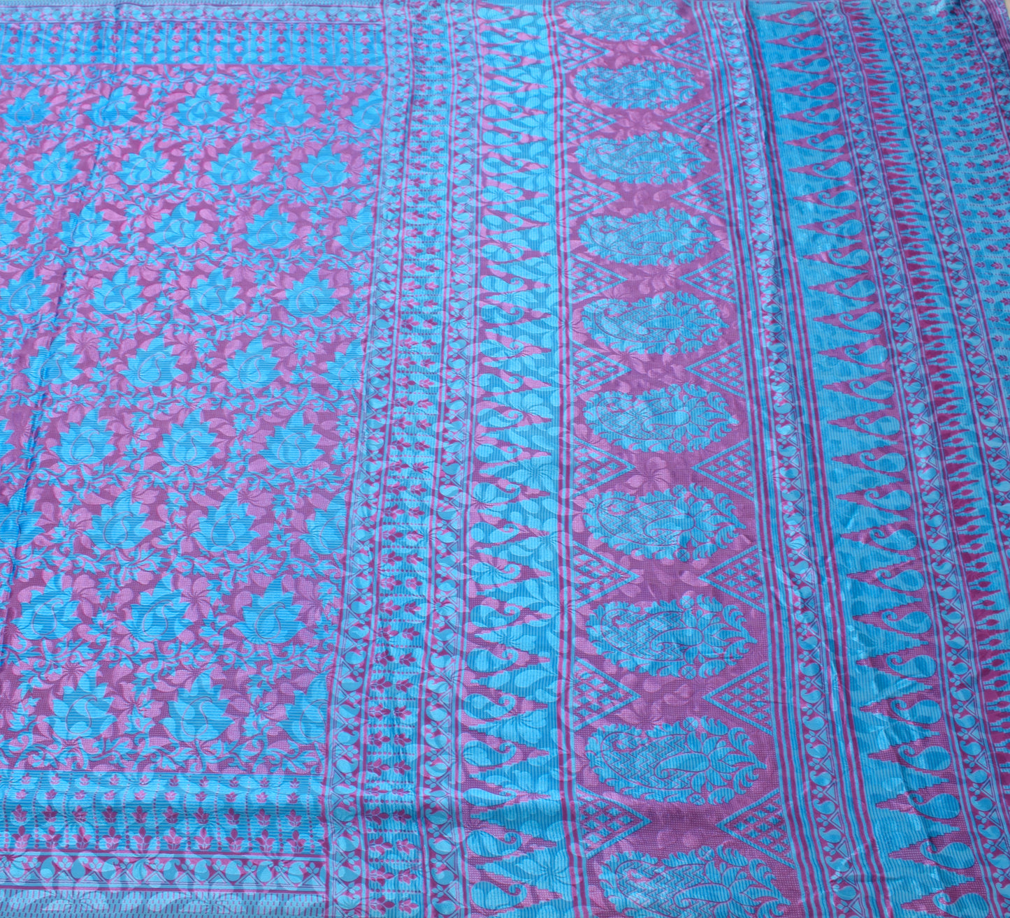 Sushila Vintage Blue Scrap Saree Blend Crepe Silk Printed Floral Sari Fabric
