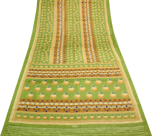 Sushila Vintage Green Scrap Saree Blend Silk Fruits Printed Sari Craft Fabric