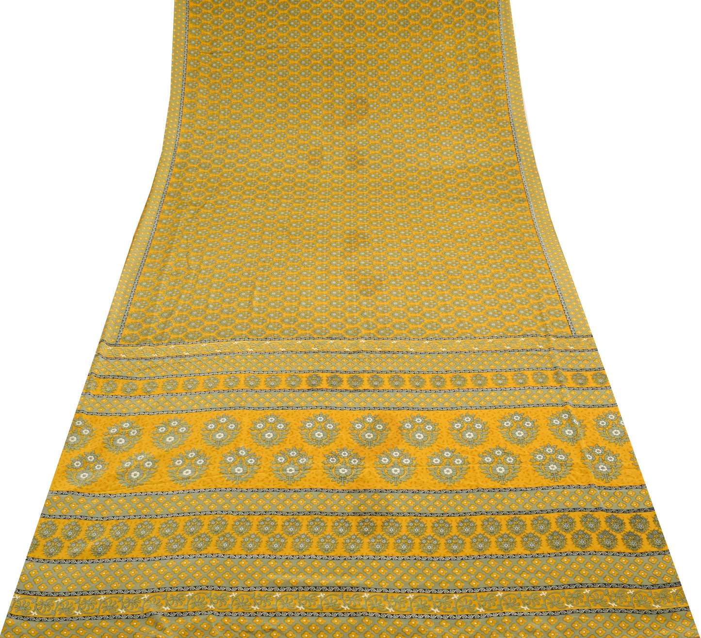 Sushila Vintage Mustard Scrap Saree Blend Crepe Silk Printed Flroal Sari Fabric