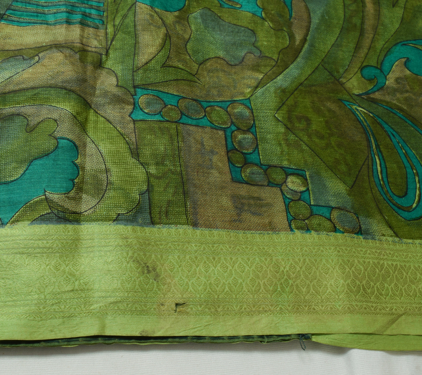 Sushila Vintage Green Scrap Saree 100%Pure Silk Printed Floral Sari Craft Fabric