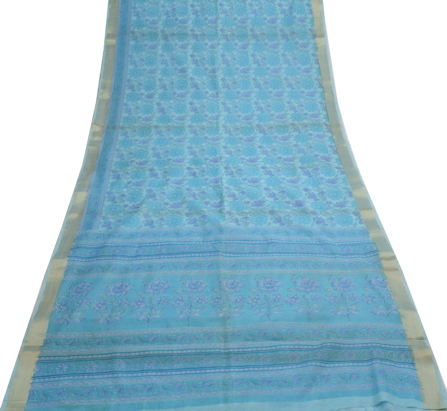 Sushila Vintage Aqua Blue Scrap Saree 100%Pure Cotton Printed Floral Sari Fabric