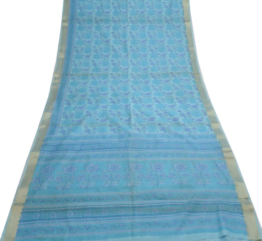 Sushila Vintage Aqua Blue Scrap Saree 100%Pure Cotton Printed Floral Sari Fabric