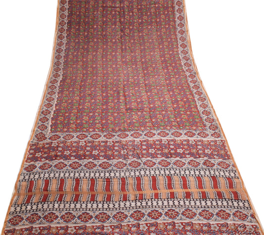 Sushila Vintage Maroon Scrap Saree Pure Silk Hand Block Printed Floral Fabric
