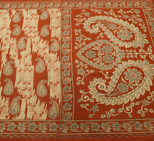 Sushila Vintage Rust Scrap Saree Blend Crepe Silk Printed Paisley Sari Fabric