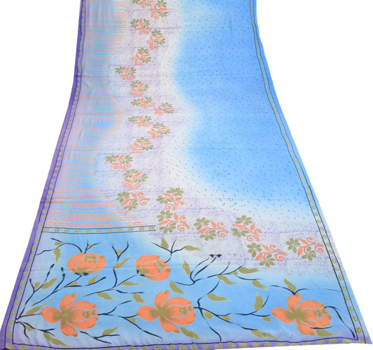 Sushila Vintage Blue Scrap Saree Blend Crepe Silk Printed Floral Sari Fabric