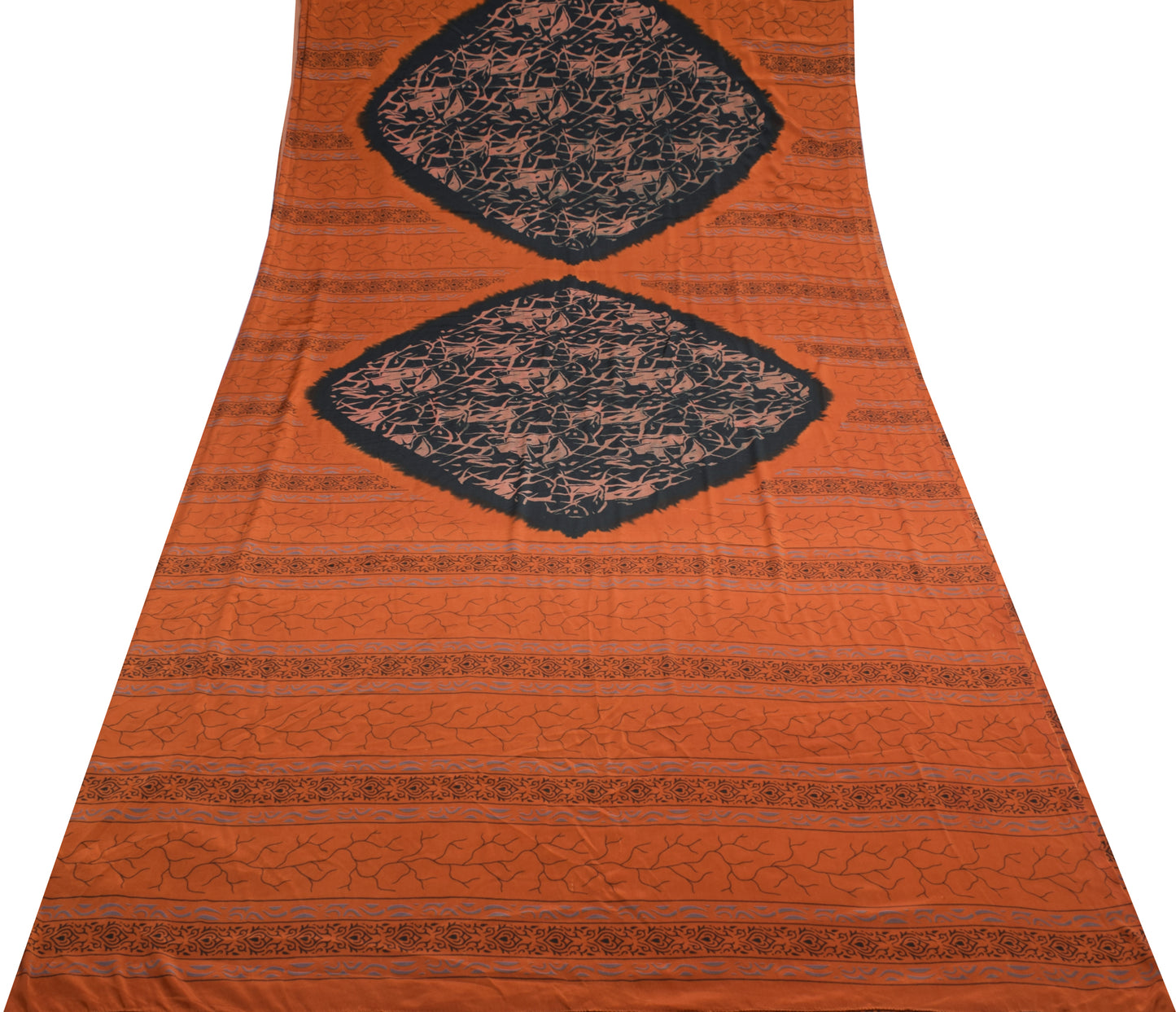 Sushila Vintage Rust Scrap Saree Blend Crepe Silk Printed Sari Craft Fabric
