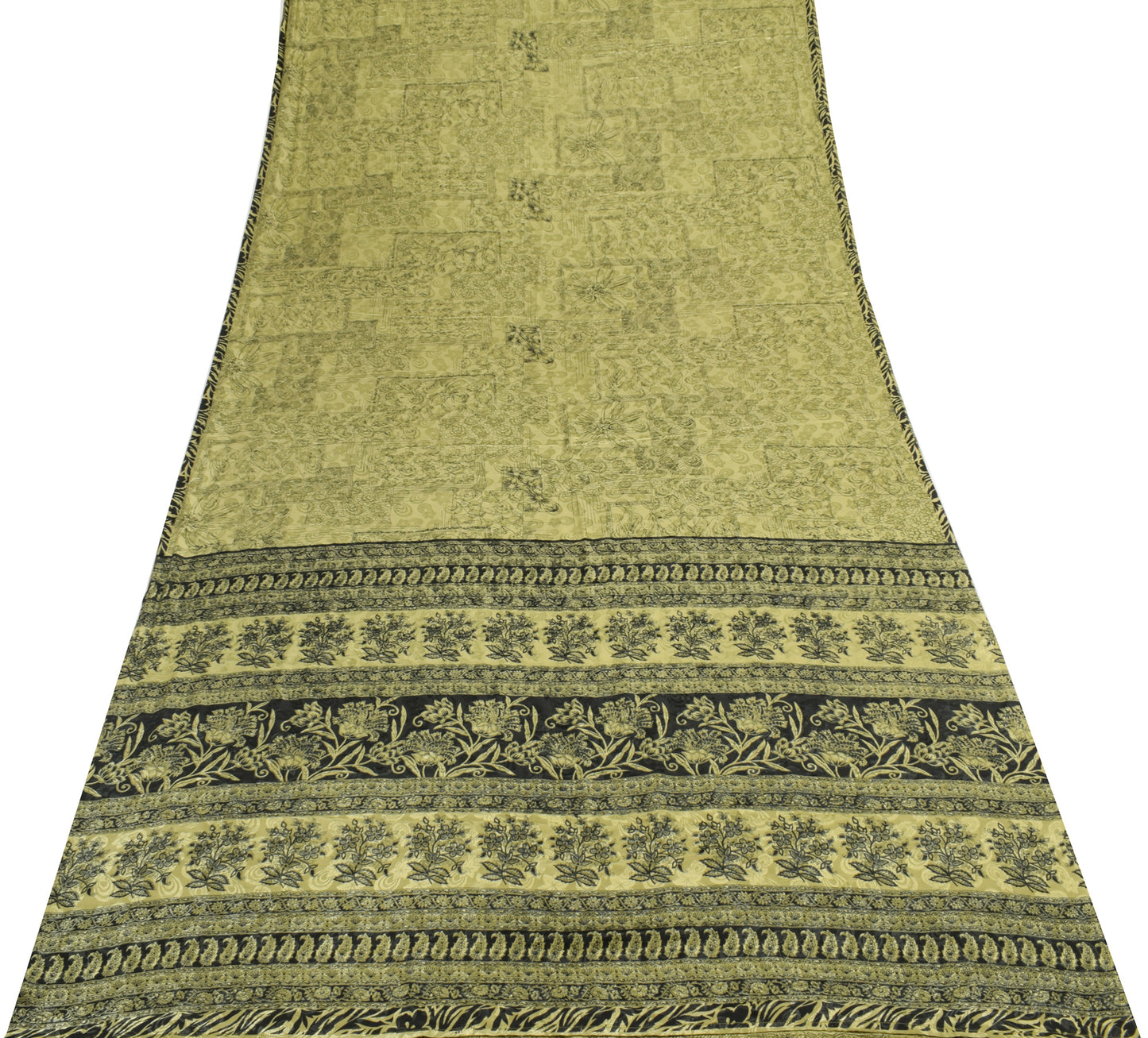 Sushila Vintage Green Scrap Saree Blend Crepe Silk Printed Floral Sari Fabric