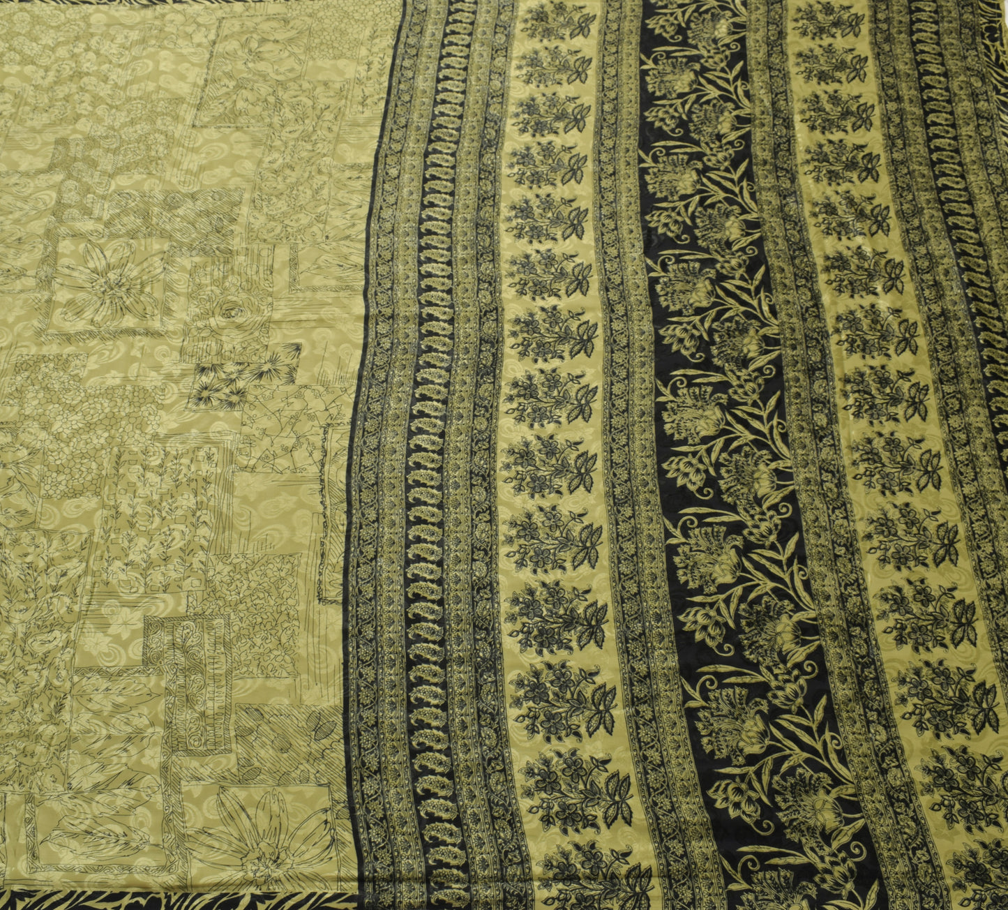 Sushila Vintage Green Scrap Saree Blend Crepe Silk Printed Floral Sari Fabric