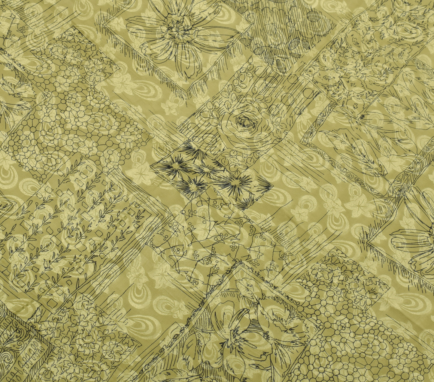 Sushila Vintage Green Scrap Saree Blend Crepe Silk Printed Floral Sari Fabric