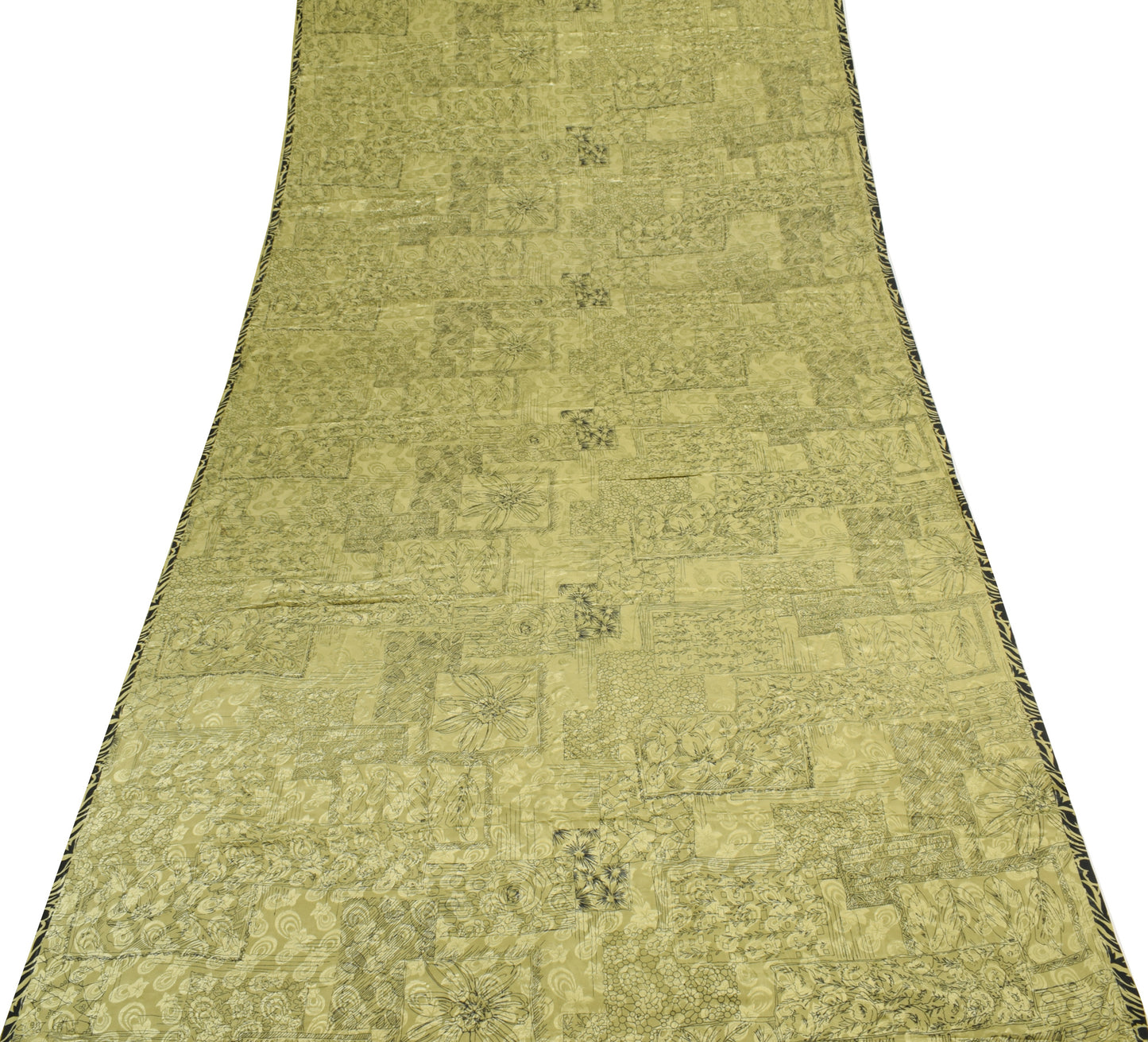 Sushila Vintage Green Scrap Saree Blend Crepe Silk Printed Floral Sari Fabric