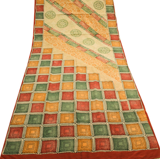 Sushila Vintage Multi-Color Scrap Saree 100% Pure Crepe Silk Printed Sari Fabric