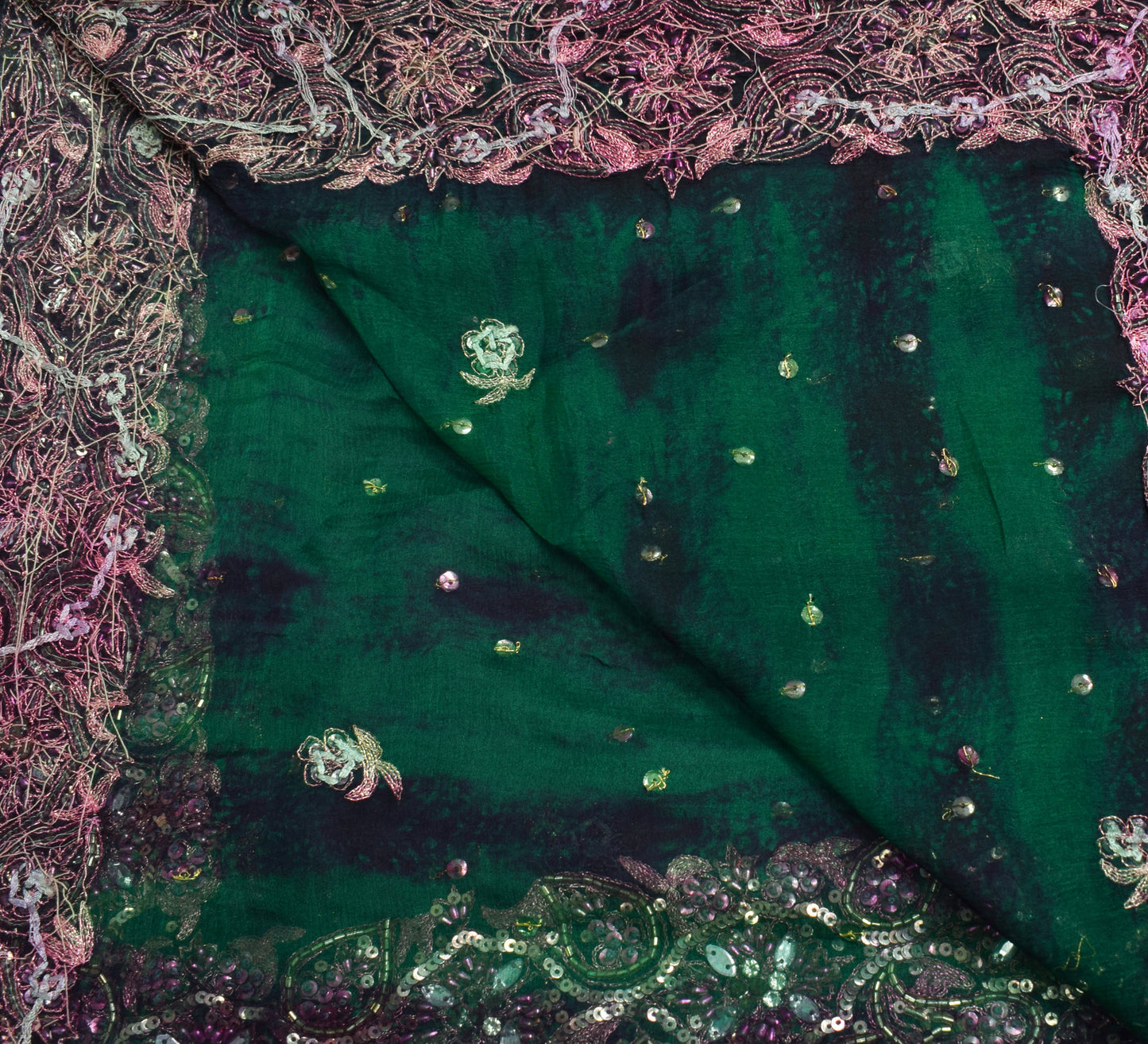 Sushila Vintage Green Tie-Dye Scrap Dupatta Chiffon Silk Hand Beaded Long Stole