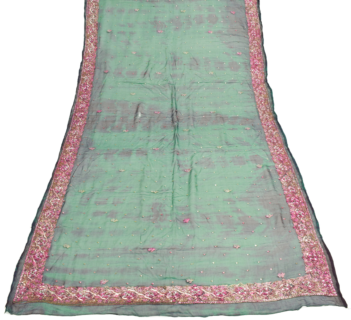 Sushila Vintage Green Tie-Dye Scrap Dupatta Chiffon Silk Hand Beaded Long Stole