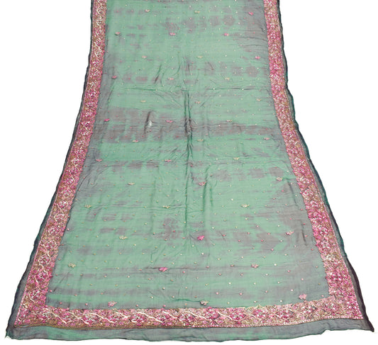 Sushila Vintage Green Tie-Dye Scrap Dupatta Chiffon Silk Hand Beaded Long Stole