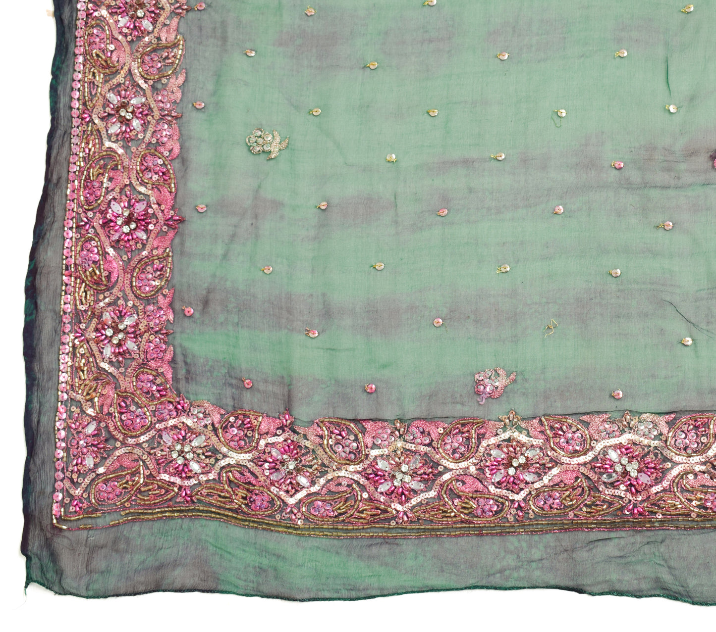 Sushila Vintage Green Tie-Dye Scrap Dupatta Chiffon Silk Hand Beaded Long Stole