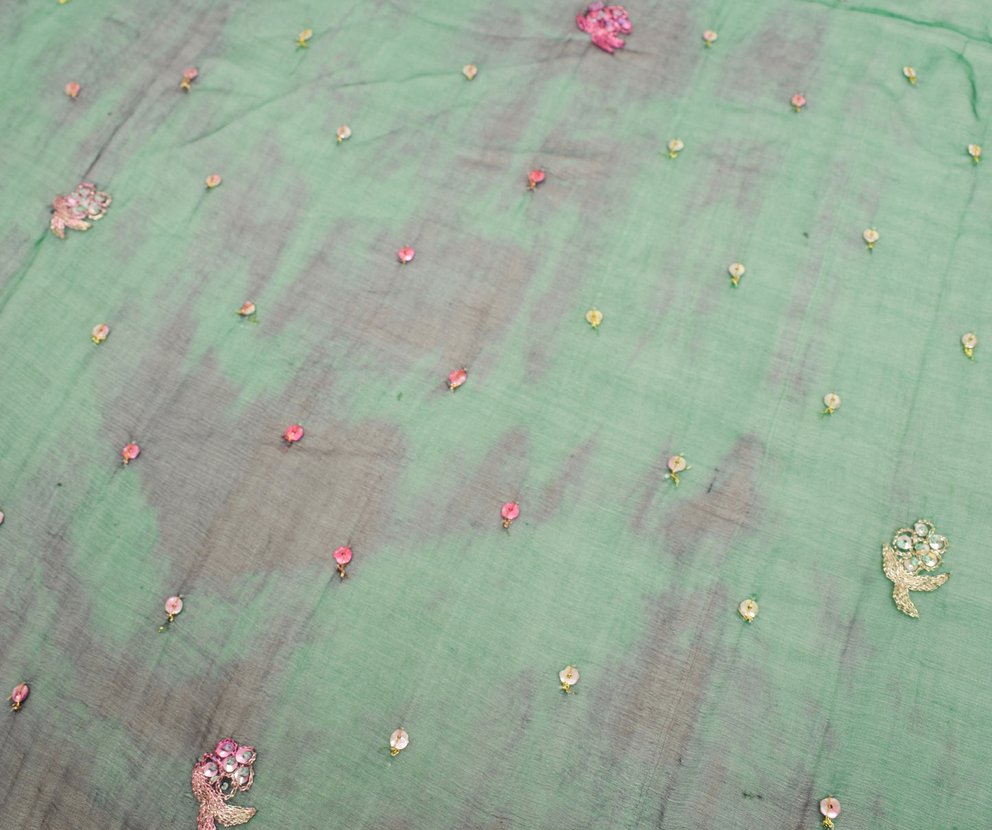 Sushila Vintage Green Tie-Dye Scrap Dupatta Chiffon Silk Hand Beaded Long Stole