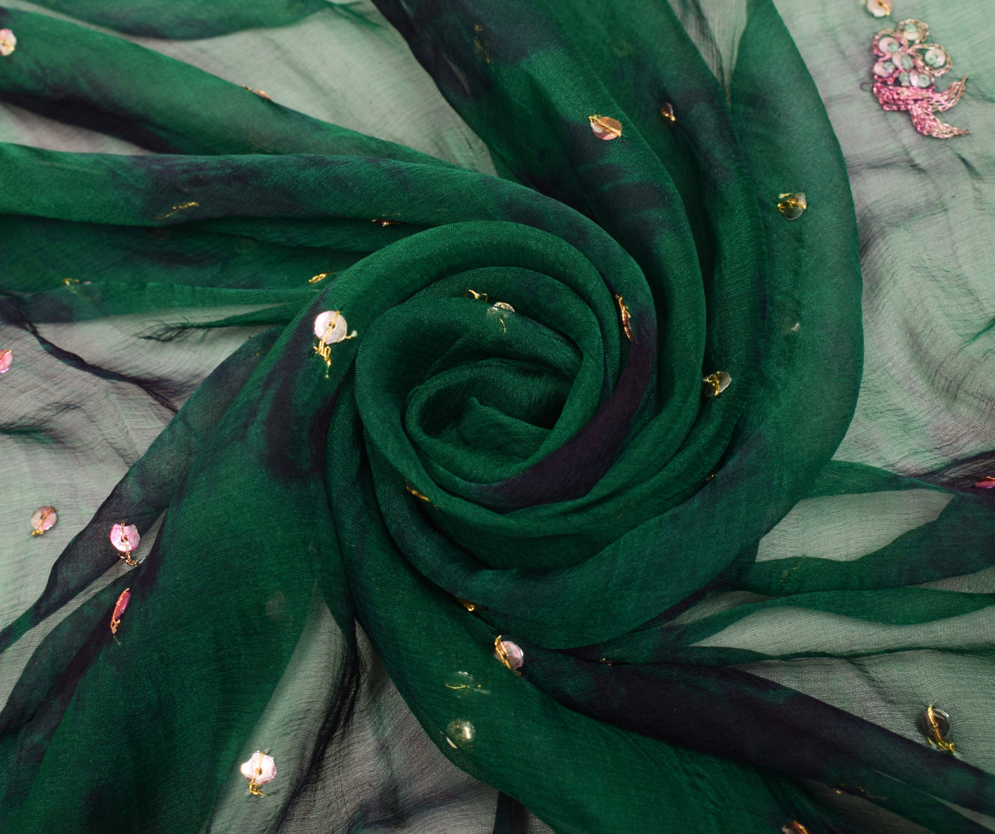 Sushila Vintage Green Tie-Dye Scrap Dupatta Chiffon Silk Hand Beaded Long Stole