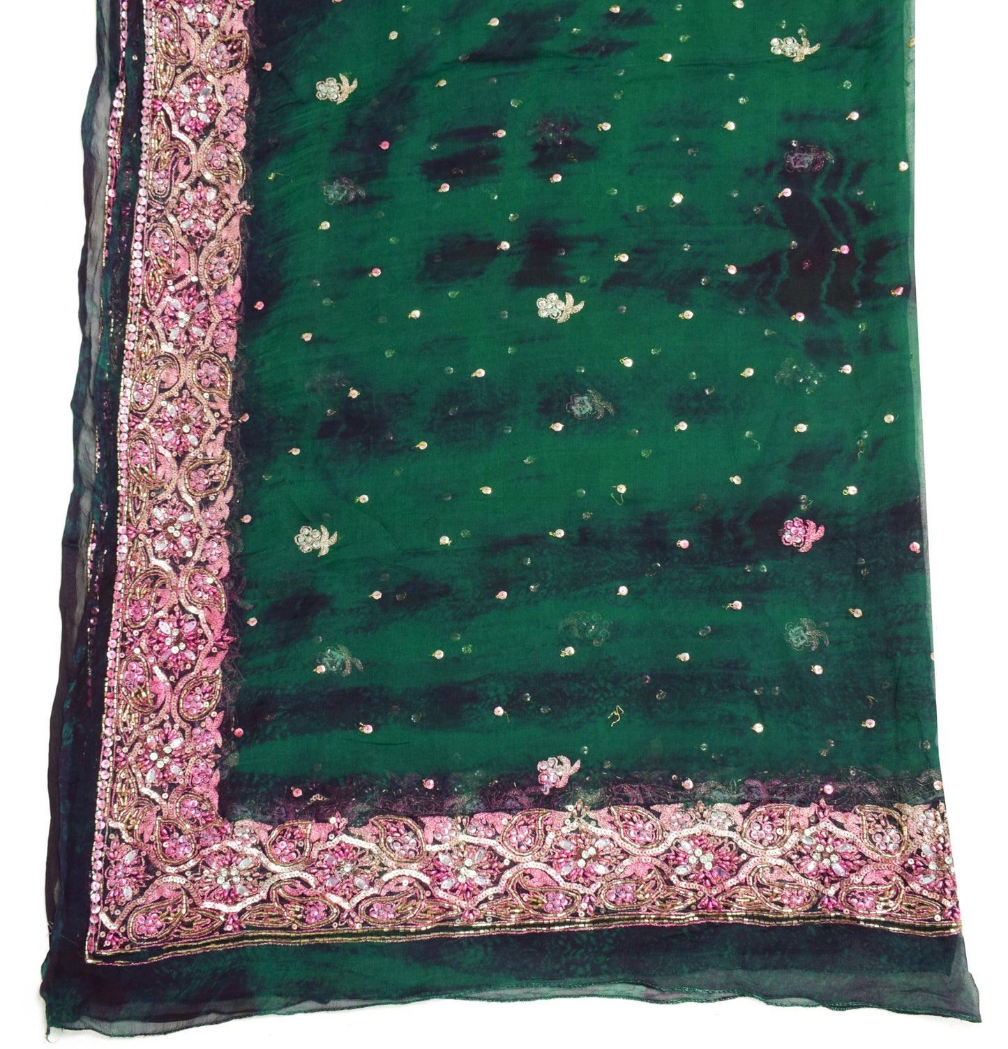 Sushila Vintage Green Tie-Dye Scrap Dupatta Chiffon Silk Hand Beaded Long Stole