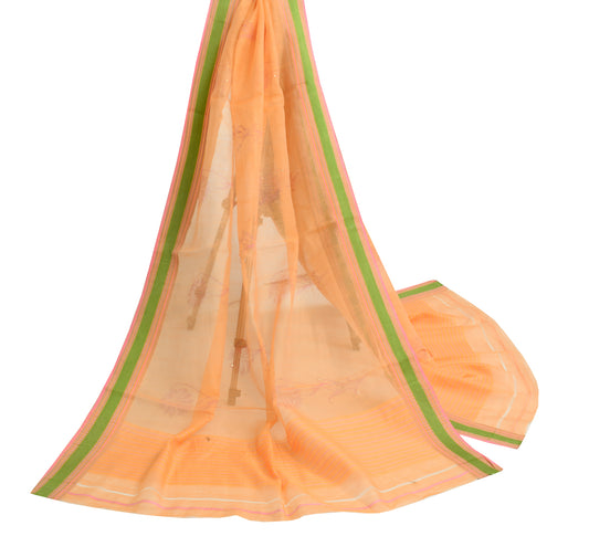 Sushila Vintage Peach Scrap Dupatta 100% Pure Silk Woven Floral Long Stole Veil