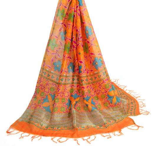 Sushila Vintage Orange Scrap Dupatta Pure Silk Printed Floral Long Stole Wrap