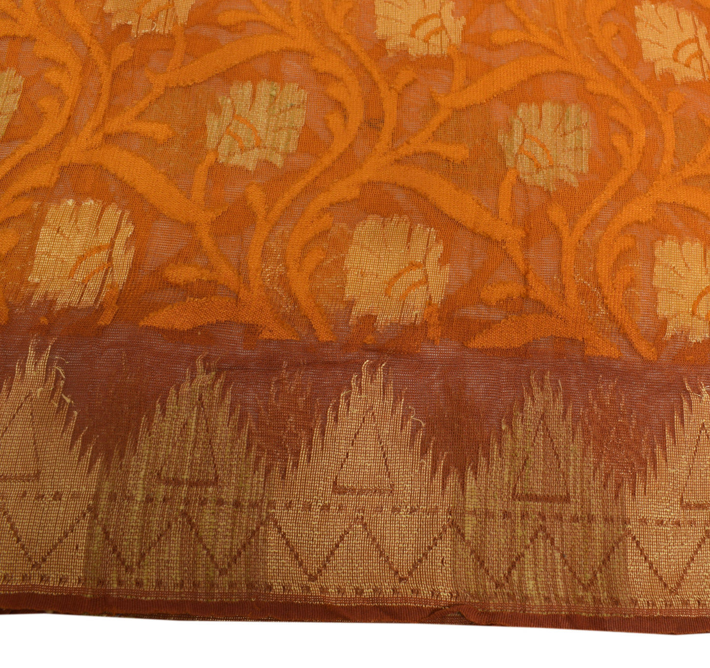 Sushila Vintage Rust Saree 100% Pure Silk Net Mesh Woven Floral Sari Fabric