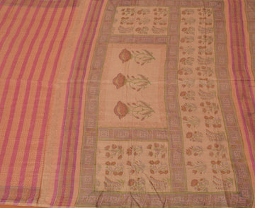 Sushila Vintage Peach Saree 100% Pure Wool Printed Floral Pattern Sari Fabric
