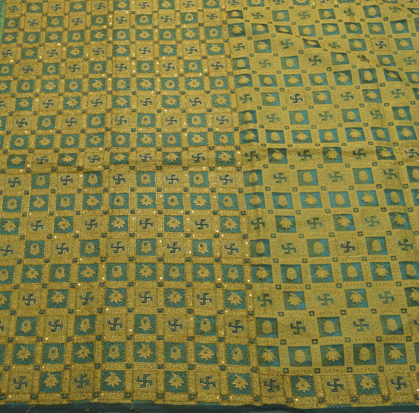 Sushila Vintage Green Saree Organza Hand Beaded Woven HEAVY Sari Craft Fabric