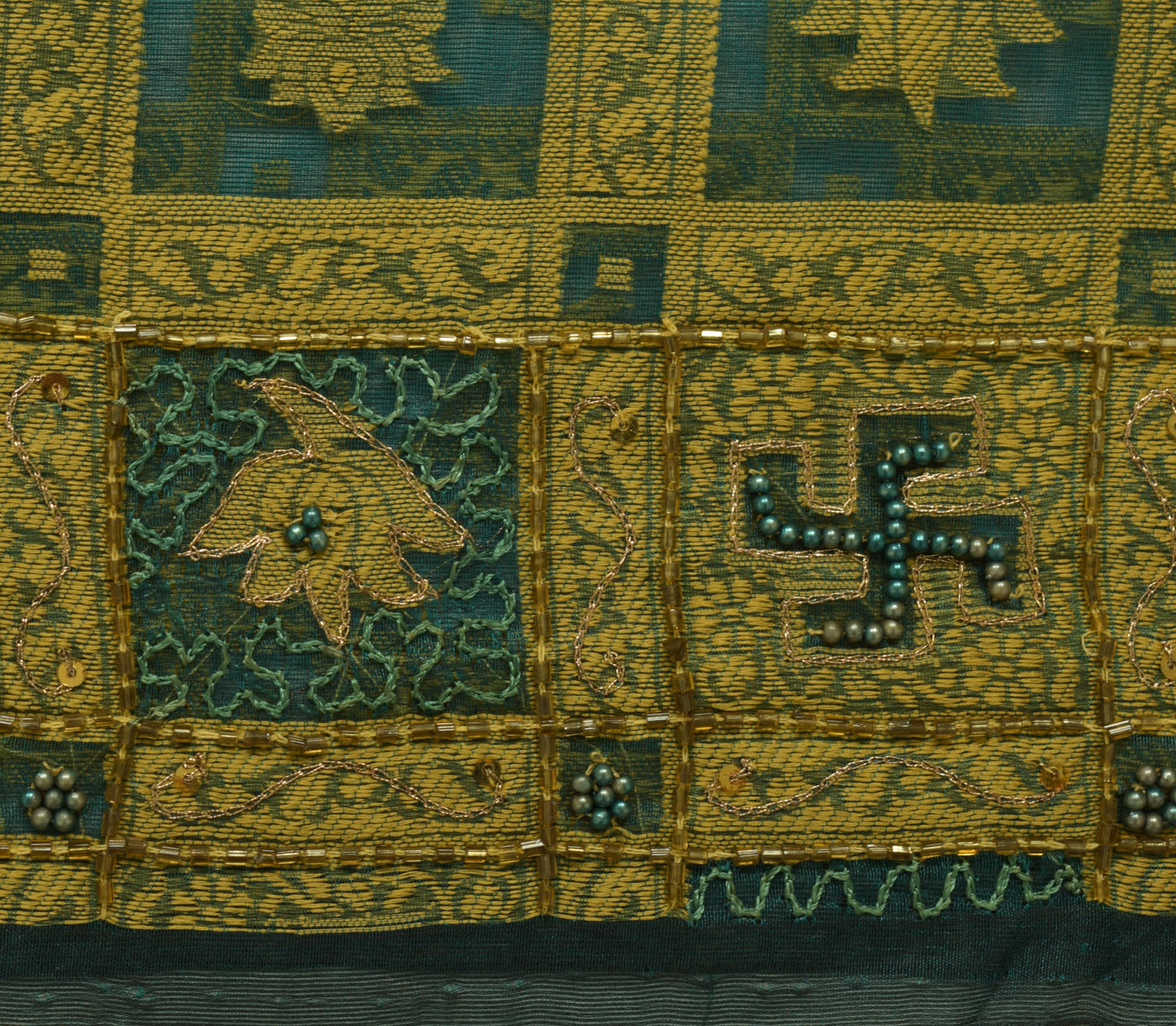 Sushila Vintage Green Saree Organza Hand Beaded Woven HEAVY Sari Craft Fabric