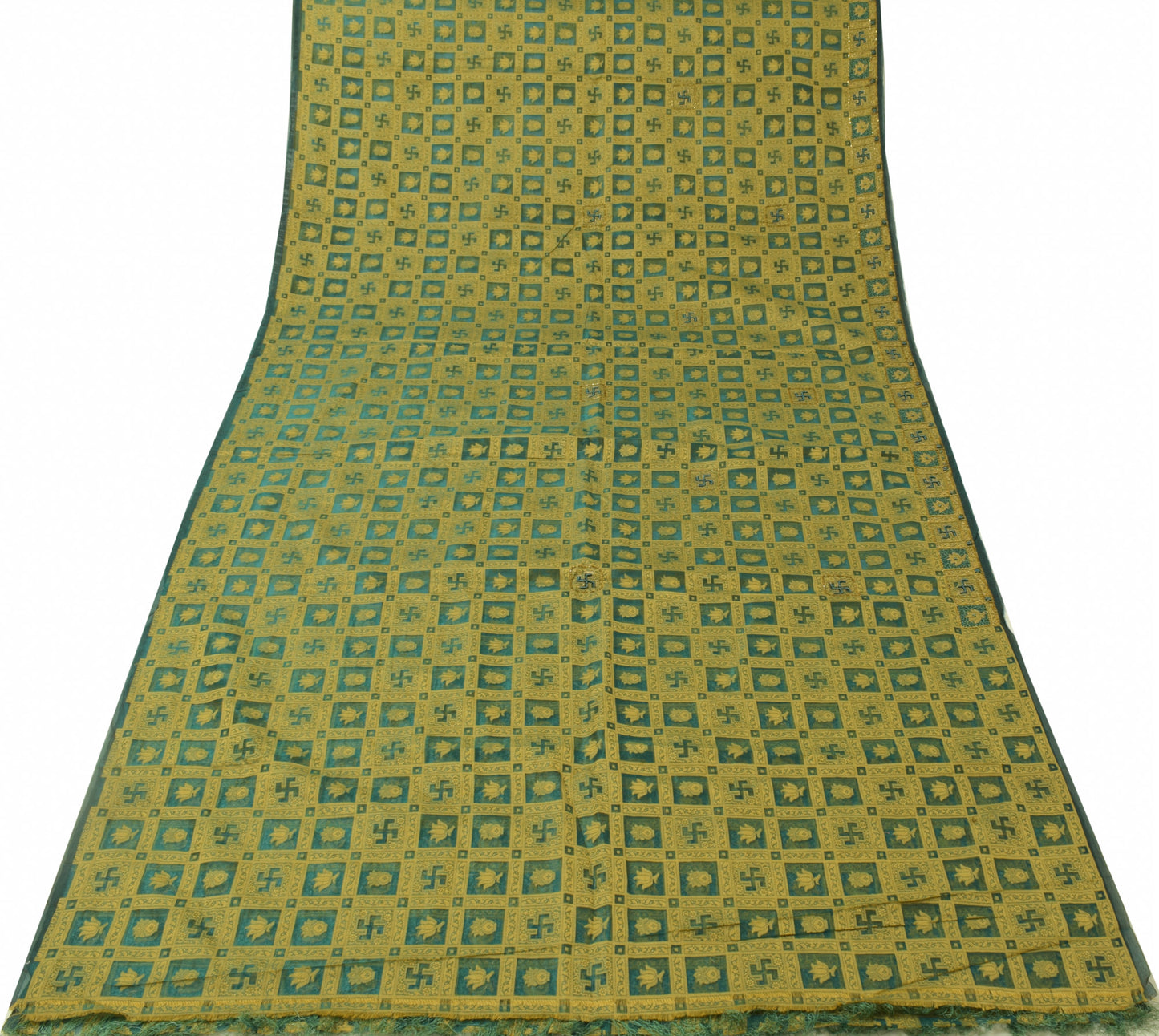 Sushila Vintage Green Saree Organza Hand Beaded Woven HEAVY Sari Craft Fabric