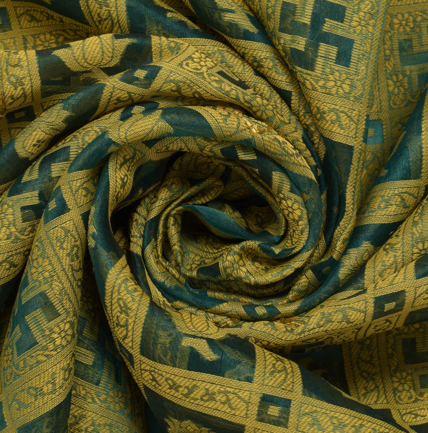 Sushila Vintage Green Saree Organza Hand Beaded Woven HEAVY Sari Craft Fabric