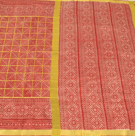 Sushila Vintage Deep Red Bandhani Saree with Gold Zari Border Sari Craft Fabric