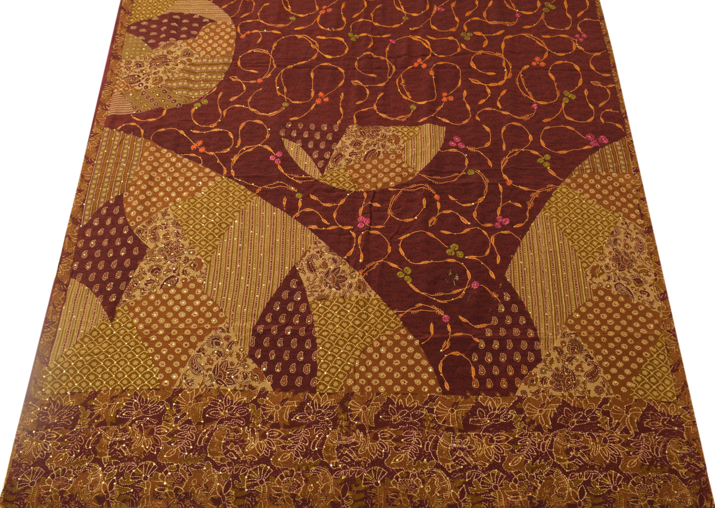 Sushila Vintage Maroon Saree Pure Crepe Silk Printed Hand Embroidered 5YD Fabric