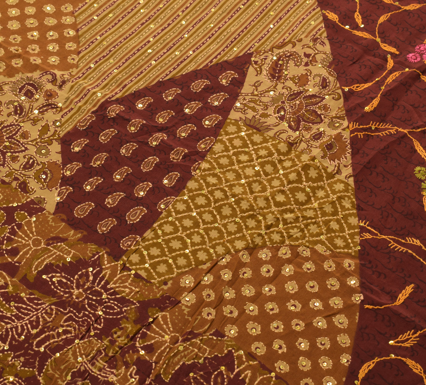 Sushila Vintage Maroon Saree Pure Crepe Silk Printed Hand Embroidered 5YD Fabric