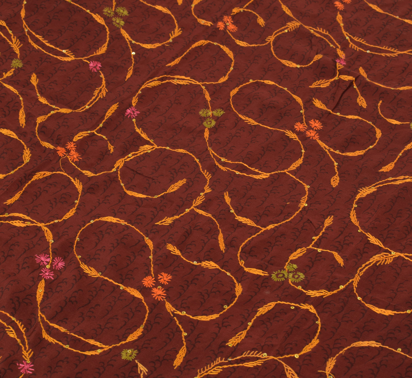 Sushila Vintage Maroon Saree Pure Crepe Silk Printed Hand Embroidered 5YD Fabric