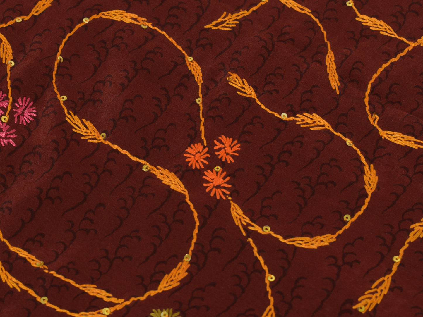 Sushila Vintage Maroon Saree Pure Crepe Silk Printed Hand Embroidered 5YD Fabric