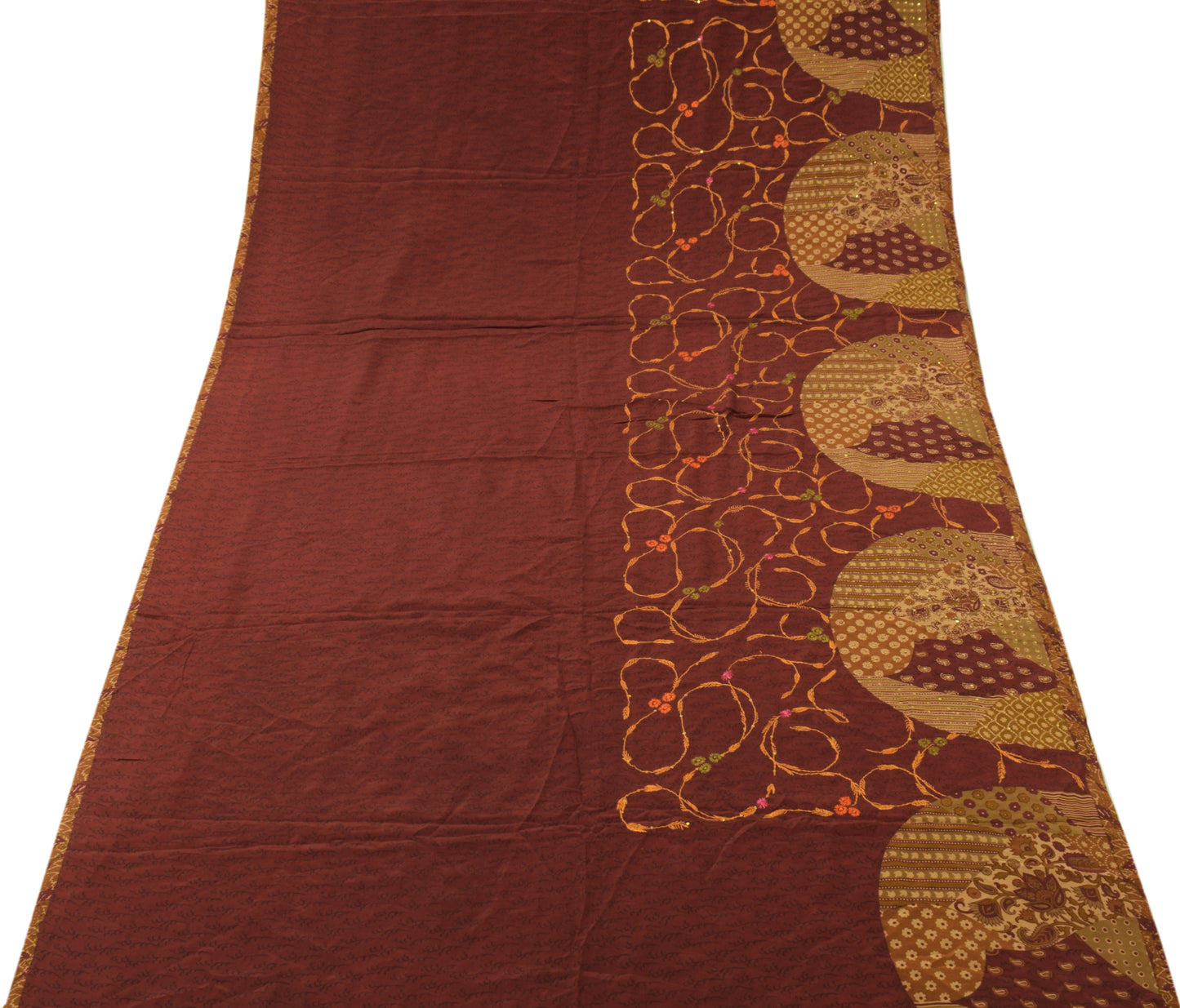 Sushila Vintage Maroon Saree Pure Crepe Silk Printed Hand Embroidered 5YD Fabric