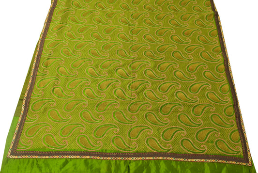 Sushila Vintage Green Saree 100% Pure Silk Embroidered Paisley Sari Craft Fabric