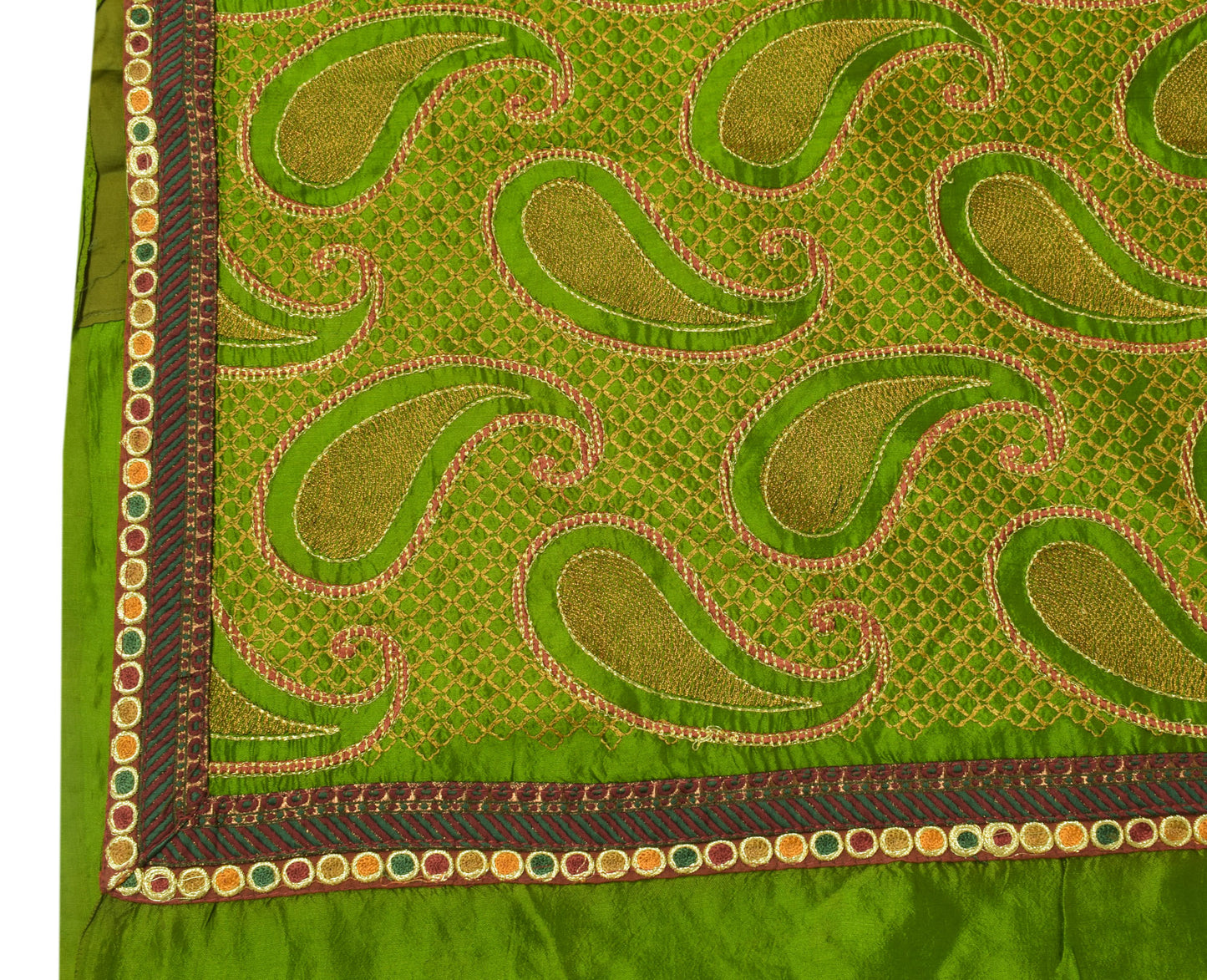 Sushila Vintage Green Saree 100% Pure Silk Embroidered Paisley Sari Craft Fabric