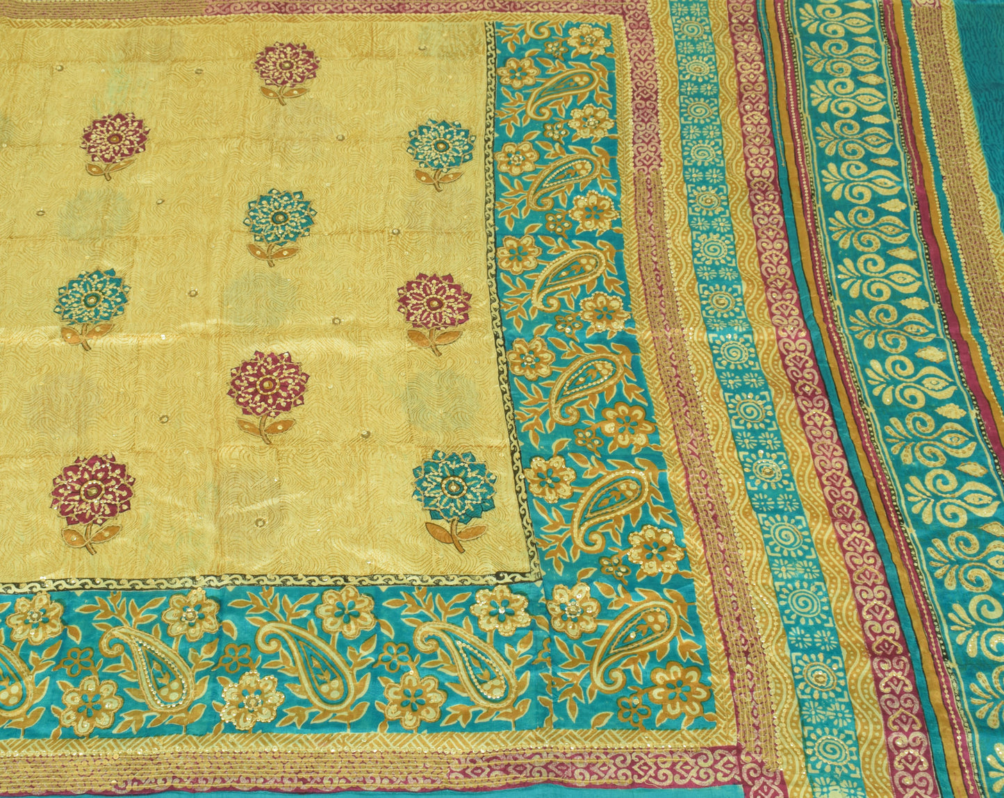 Sushila Vintage Cream Saree 100% Pure Silk Printed Sequins Embroidered 5Y Fabric