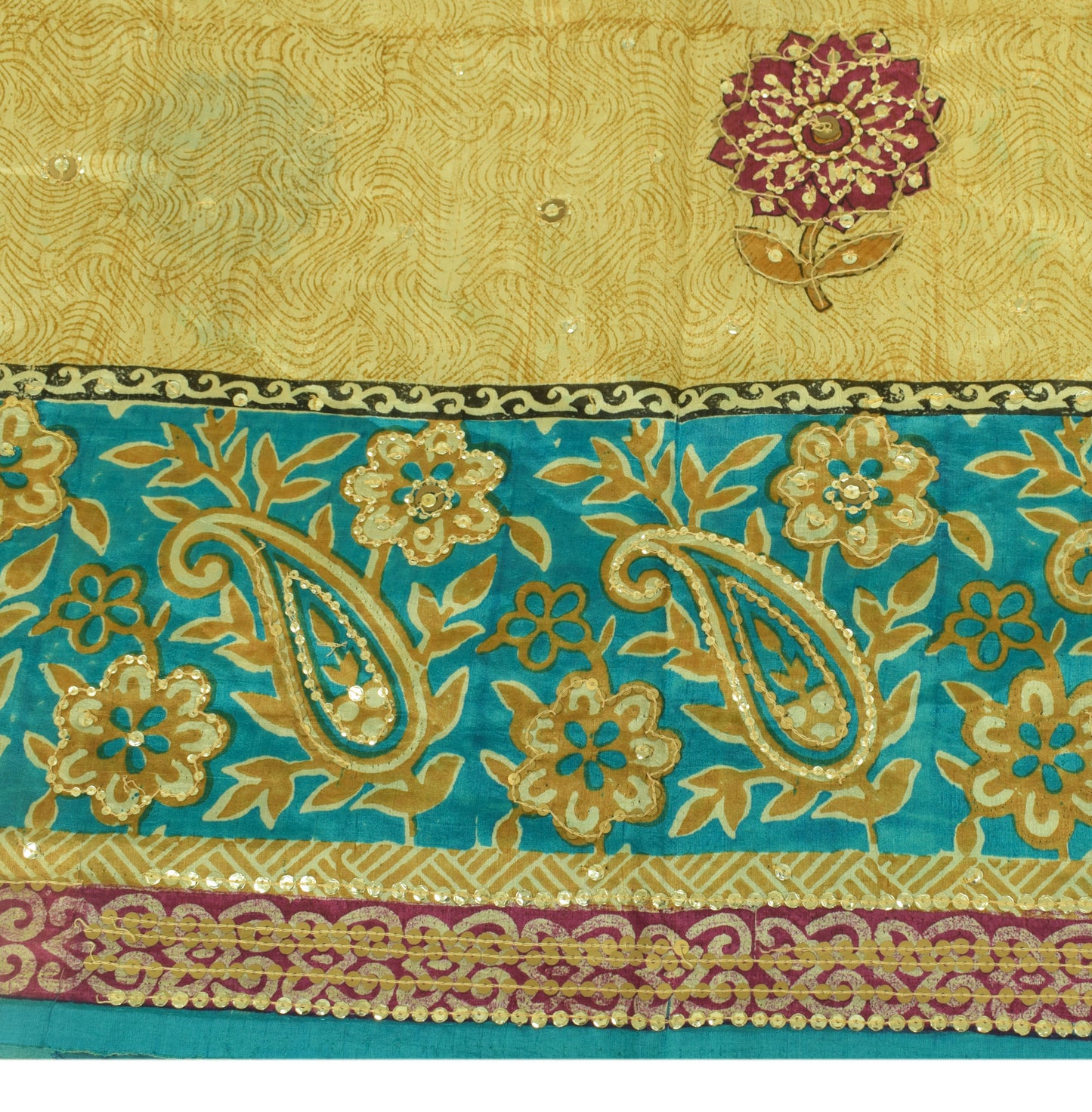 Sushila Vintage Cream Saree 100% Pure Silk Printed Sequins Embroidered 5Y Fabric
