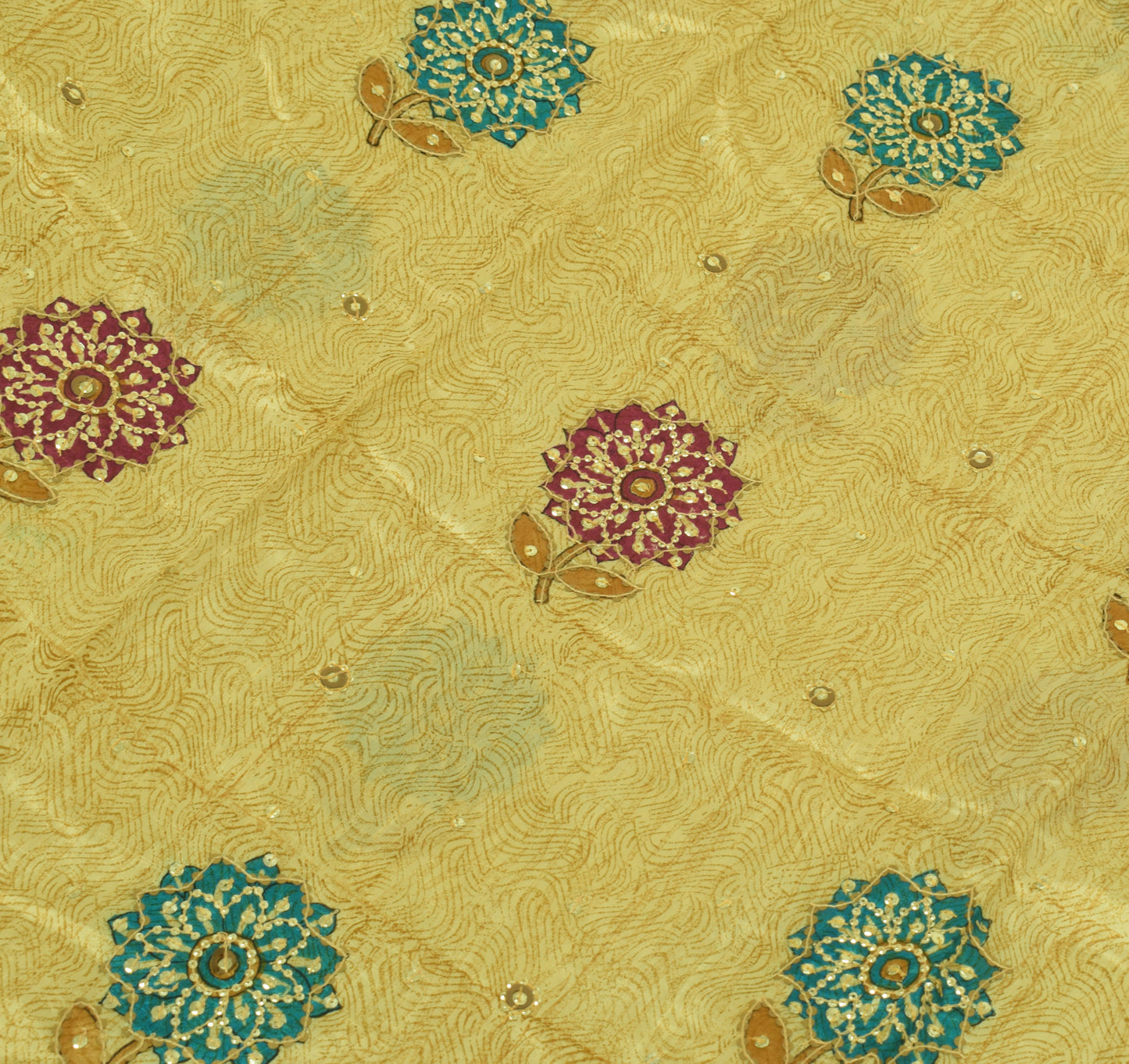 Sushila Vintage Cream Saree 100% Pure Silk Printed Sequins Embroidered 5Y Fabric