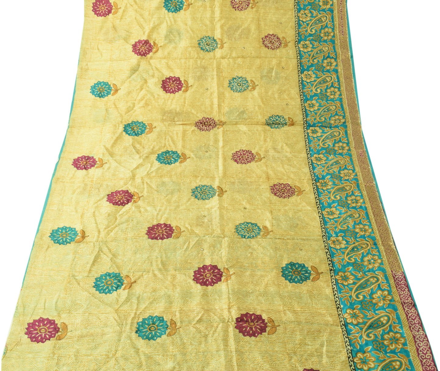 Sushila Vintage Cream Saree 100% Pure Silk Printed Sequins Embroidered 5Y Fabric