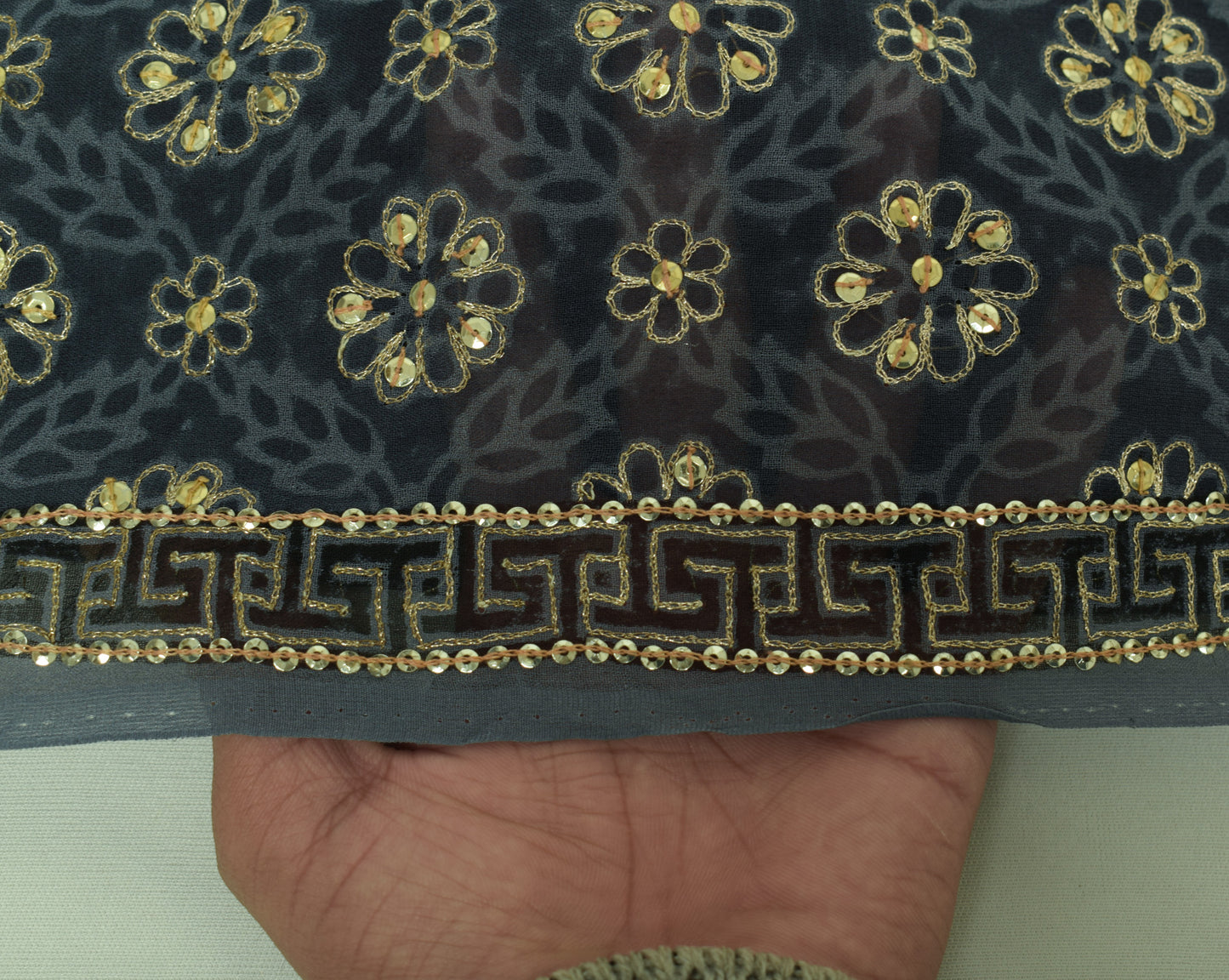 Sushila Vintage Gray Printed Saree Pure Georgette Zari Sequins Embellish Fabric