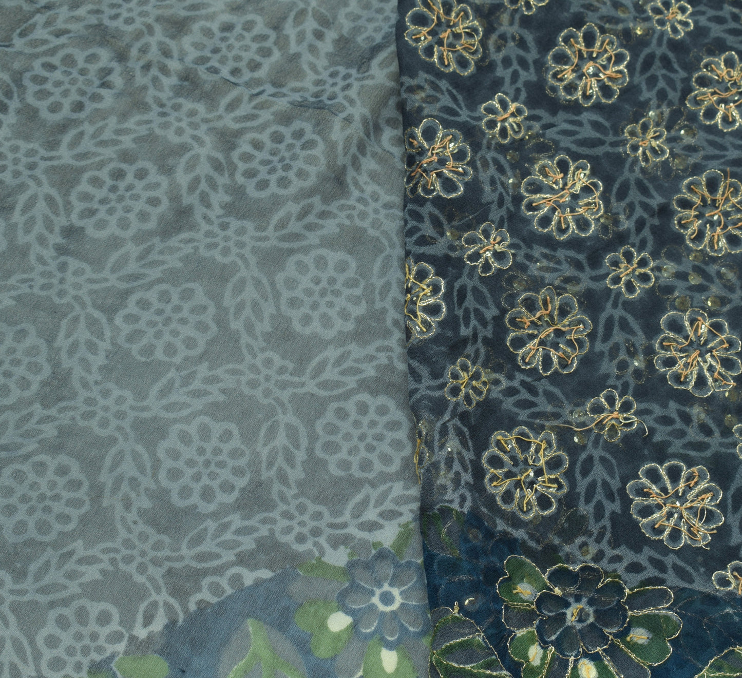 Sushila Vintage Gray Printed Saree Pure Georgette Zari Sequins Embellish Fabric