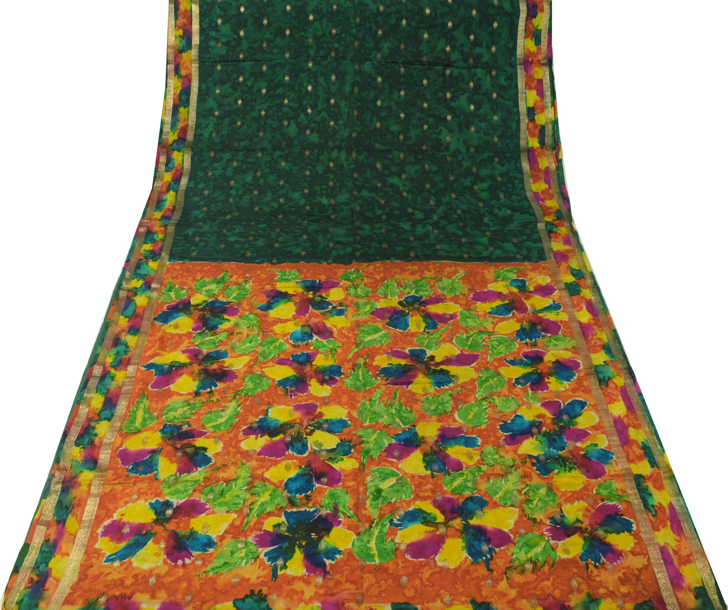 Sushila Vintage Green Tie-Dye Saree Pure Silk Zari Woven Motif Craft Sari Fabric