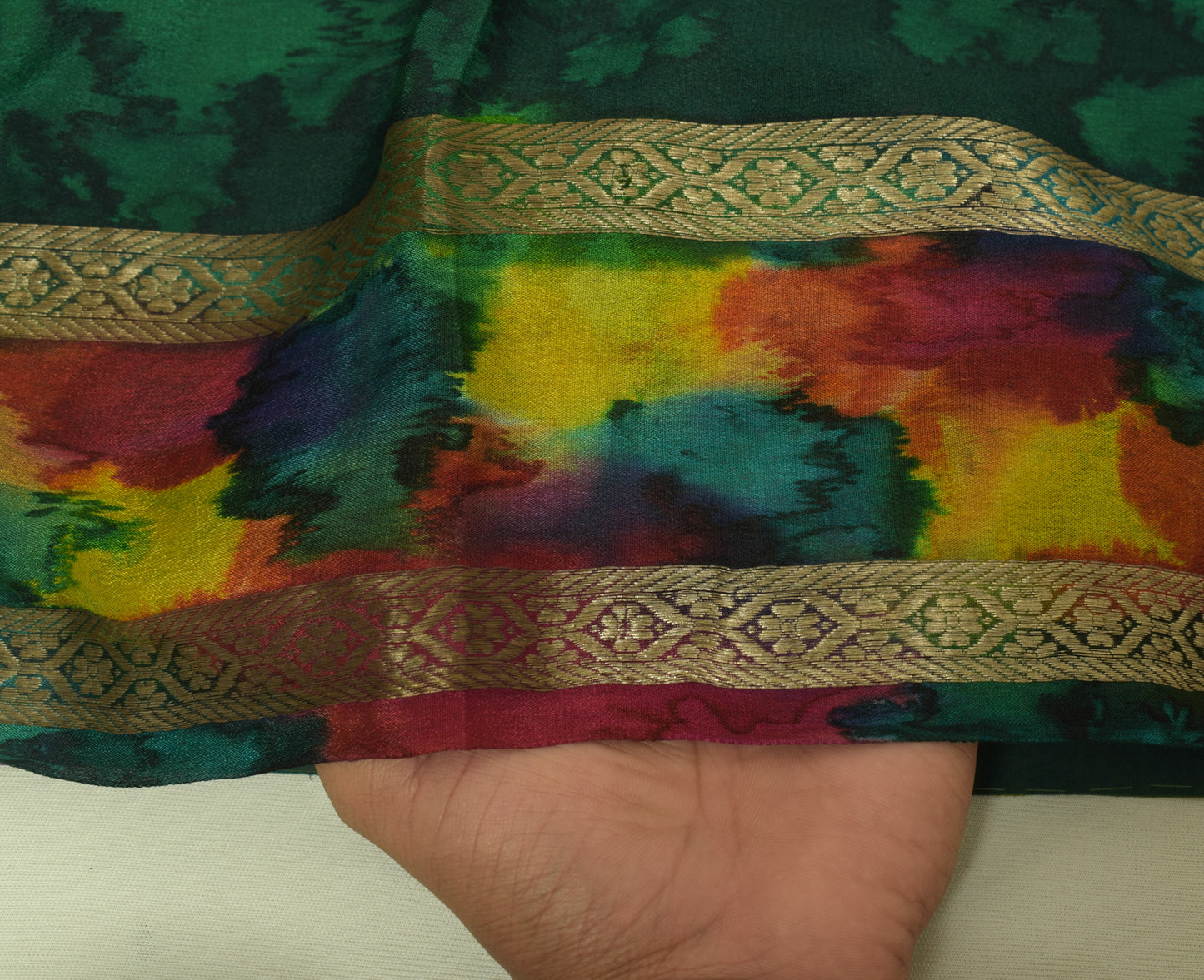 Sushila Vintage Green Tie-Dye Saree Pure Silk Zari Woven Motif Craft Sari Fabric