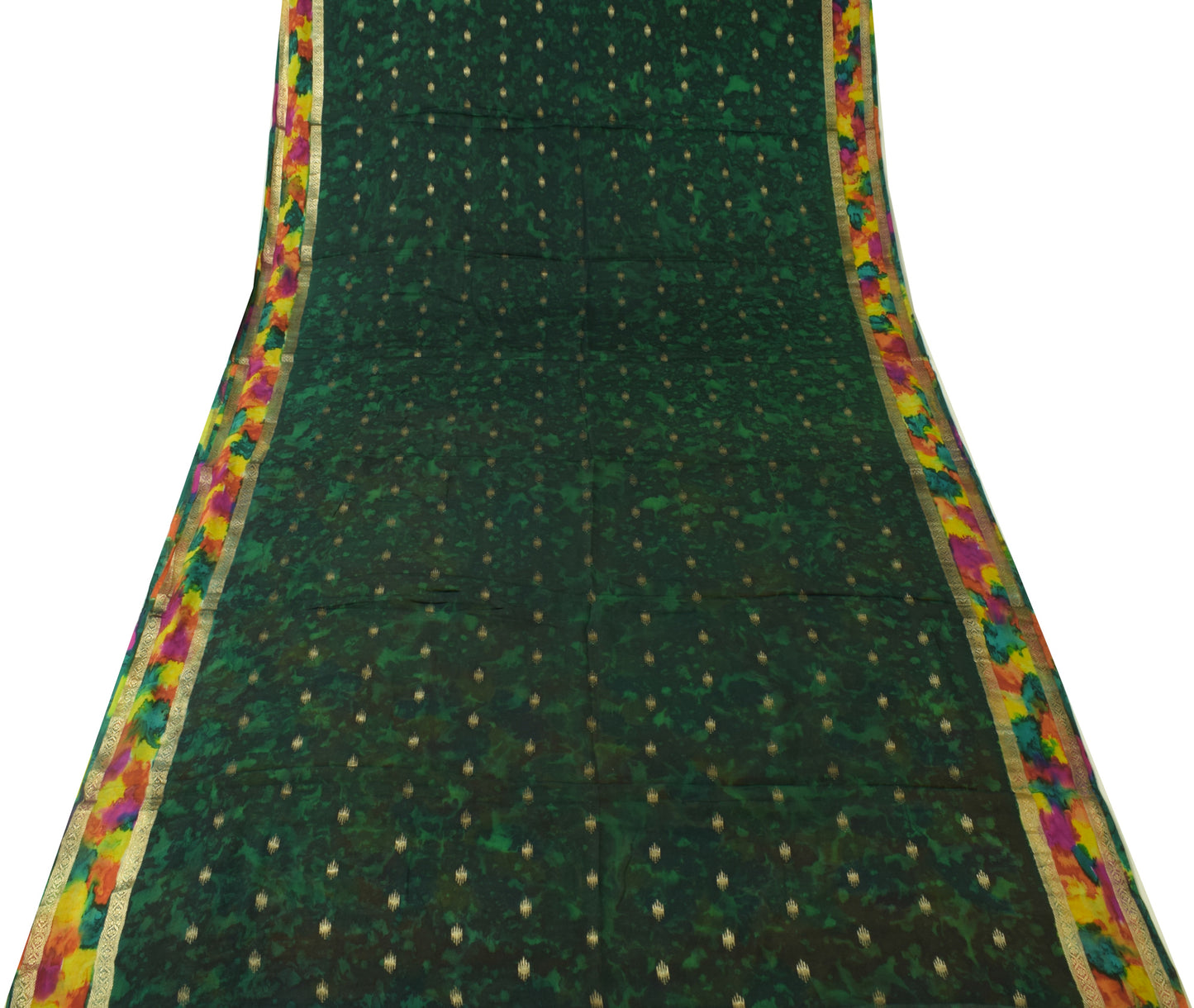 Sushila Vintage Green Tie-Dye Saree Pure Silk Zari Woven Motif Craft Sari Fabric
