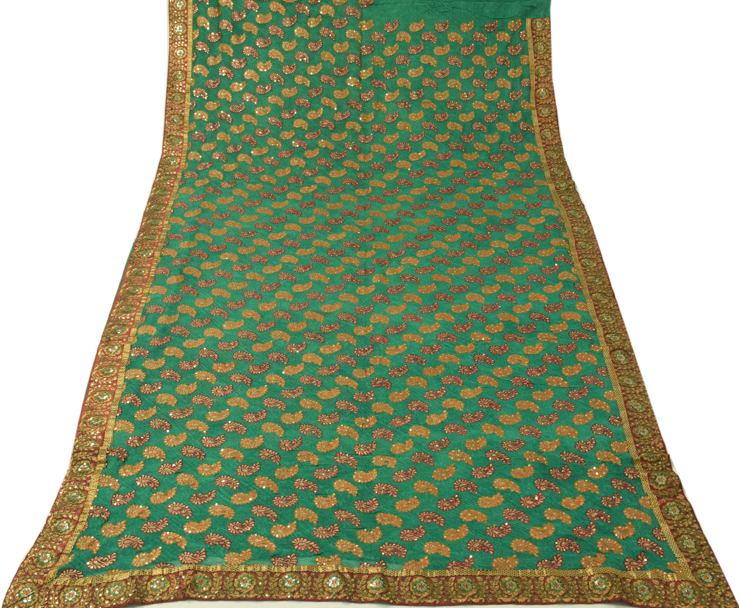 Sushila Vintage Green HEAVY Saree Maroon Border Pure Georgette Embroidered Sari Craft Fabric