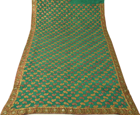 Sushila Vintage Green HEAVY Saree Maroon Border Pure Georgette Embroidered Sari Craft Fabric