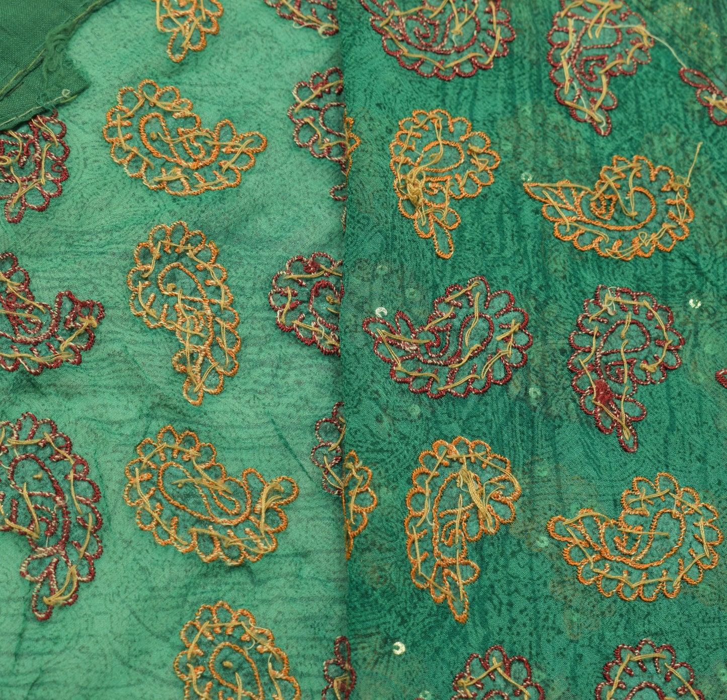 Sushila Vintage Green HEAVY Saree Maroon Border Pure Georgette Embroidered Sari Craft Fabric